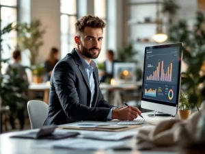 CRO-specialist analyseert e-commerce conversiedata op monitor in modern Amsterdam kantoor met stoffen en schetsen