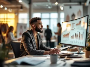 CRO-specialist analyseert conversiedata op monitor met e-commerce analytics aan wit bureau in moderne studio