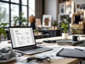 Laptop met cv-sjabloon op modern bureau met modeschetsen, stoffenstalen en portfolio in helder kantoor