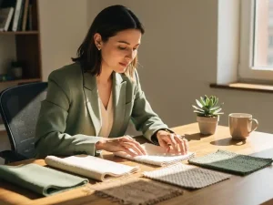 Professionele vrouw in blazer onderzoekt duurzame stoffen op houten bureau met biologisch katoen en gerecyclede materialen