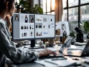 E-commerce manager werkt aan laptop met mode-analytics op schermen, omringd door stoffenstalen en modeontwerpen