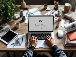 Professionele handen typen CV op laptop in mode-ontwerpstudio met schetsen, stoffalen en designtools op bureau