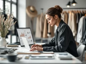 Online merchandiser analyseert kledingdata op laptop in lichte modestudio met stoffenstalen en schetsen op bureau