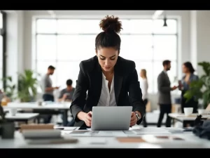 Marketingmanager bekijkt campagnematerialen op laptop in moderne modestudio met team op achtergrond