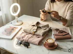 Jonge vrouw fotografeert mode flatlay op marmeren bureau met lookbooks, latte en ringlicht, in stijlvol minimalistisch outfit.