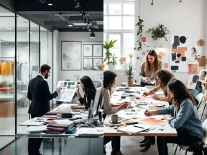 Split-screen van mode-industrie werkruimtes: zakelijke professionals analyseren data links, creatief team ontwerpt rechts