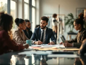 Key account manager bekijkt stofstalen aan vergadertafel met modeontwerpers in lichte studio met natuurlijk licht