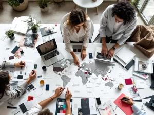Diverse modeontwerpers werken samen rond tafel met stofstalen, wereldkaart en laptops in moderne studiowerkruimte