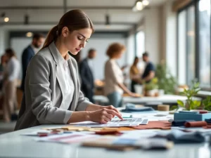 Professionele modeinkoper onderzoekt stoffenstalen aan bureau in modern Amsterdam kantoor met team op achtergrond