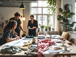 Split-screen vergelijking van traditionele modestudio met stoffalen en schetsen versus thuiswerkplek met laptop en designs