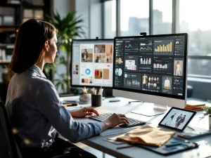 Professionele fashion marketeer werkt met analytics dashboards en trenddata in moderne kantooromgeving