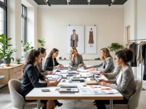 Modemarketing professionals bespreken campagnematerialen rond vergadertafel met staalkaarten en tablets in lichte kantoorruimte