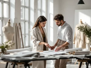 Twee modeontwerpers bespreken stoffen en schetsen in moderne ontwerpstudio met natuurlijk licht