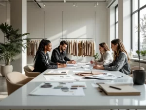 Modeprofessionals bespreken creatieve richting rond conferentietafel met stofstalen en ontwerpschetsen in modern kantoor