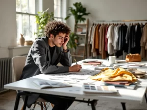 Jonge modeontwerper kijkt overweldigd naar stoffenstalen en schetsen verspreid over wit bureau in modern studio