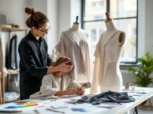 Modeontwerper en patroontekener werken samen aan kledingstuk op paspop in moderne studio met natuurlijk licht