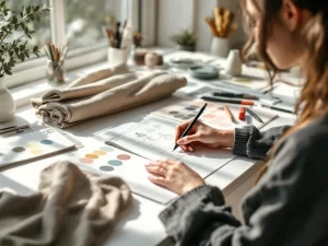 Handen van modeontwerper schetsen ontwerpen aan bureau met stofstalen en kleurenpaletten in moderne studio