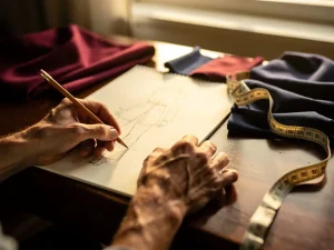 Modeontwerper tekent kledingschetsen op roomwit papier omringd door bordeauxrode en marineblauwe stoffen op houten bureau