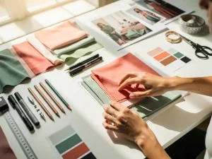 Modeontwerper rangschikt kleurrijke stoffen en schetsmateriaal op wit bureau bij raam met natuurlijk licht