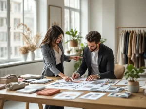 Twee modeontwerpers bespreken kleurstalen en schetsen aan houten tafel in lichte ontwerpstudio met stoffenmonsters