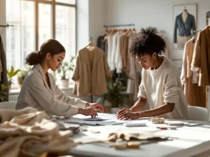 Twee modeontwerpers bespreken stoffen en schetsen aan tafel in moderne studio met kledingrekken op achtergrond