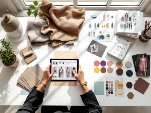 Productmanager mode bekijkt stoffenstalen en kleurkaarten op wit bureau met tablet en ontwerpschetsen in modern kantoor