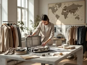 Modeprofessional pakt luxe koffer in moderne studio met designerkleding, stofstalen en wereldkaart op achtergrond