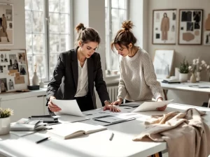 Twee modeprofessionals bespreken stageportfolio's aan witte bureau in moderne studio met natuurlijk licht en ontwerpschetsen