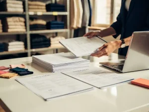Recruiter bekijkt mode cv's op wit bureau met kleurrijke stofstalen, laptop en kledingmagazijn op achtergrond