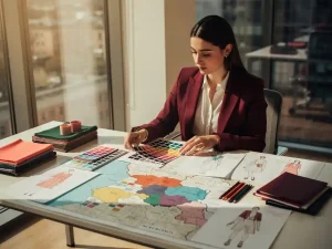 Moderecruiter bekijkt kleurrijke stofstalen en modeschetsen aan bureau met kaart van Nederland, warme natuurlijke verlichting
