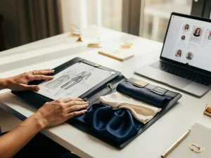 Handen van een modewerving specialist die een elegant portfolio met modeschetsen en stofstalen bekijkt op een wit bureau