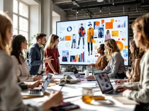 Modeprofessionals werken samen rond digitaal scherm met modeontwerpen en data-analyse in eigentijdse studio