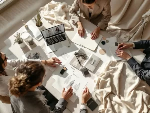 Mode professionals werken samen rond ontwerptafel met stoffen, schetsen en kleurenstalen in moderne studio