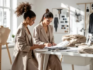 Twee modeontwerpers bekijken stoffen en schetsen aan moderne witte tafel in helder atelier met moodboards aan muur.