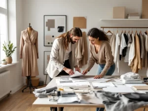 Modeontwerpers bespreken stoffen en schetsen aan ontwerpatafel in minimalistisch atelier met natuurlijk licht