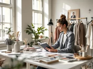 Jonge professionele modeontwerper bekijkt portfolio aan bureau met schetsen en stofstalen in moderne studio