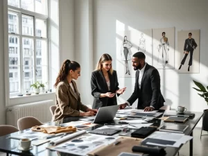 Twee modeprofessionals bespreken ontwerpen aan vergadertafel met stofstalen en schetsen in lichte studio