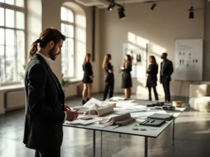 Professionele modeontwerper bekijkt stoffen en schetsen in luxe studio met glazen tafel en natuurlijk licht