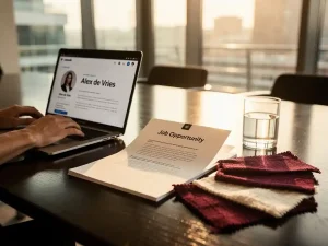 Gepolijste houten vergadertafel met vacature document, stoffen stalen in bordeaux en crème tinten, laptop met LinkedIn profiel en glas water in modern Amsterdam kantoor