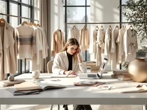 Verkoopmanager werkplek in moderne fashion showroom met laptop, stoffenstalen en kledingrekken in neutrale tinten