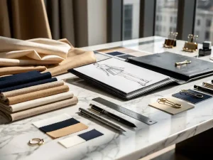 Mode-ontwerper werkruimte met stoffen stalen, kleurenpaletten en schetsmaterialen op wit marmeren bureau met geopend portfolio
