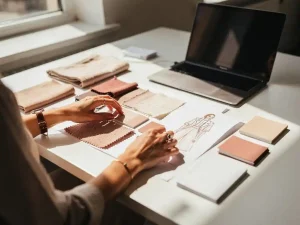 Handen van modefotograaf die moodboard met stoffen, kleurpaletten en schetsen rangschikt op wit bureau naast laptop