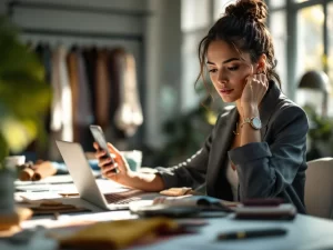 Jonge social media manager werkt aan laptop in lichte modestudio met schetsen en stofstalen op wit bureau