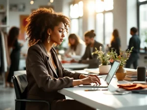 Diverse social media manager werkt aan laptop op wit bureau in lichte modestudio, omringd door stofstalen en moodboards