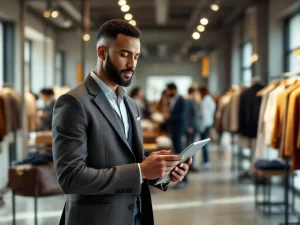 Zelfverzekerde winkelmanager met tablet controleert kledingvoorraad in moderne boetiek met diverse teamleden op achtergrond