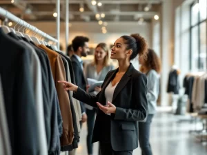 Vrouwelijke winkelmanager bespreekt kledingdisplays met divers team in luxe modewinkel met natuurlijk daglicht
